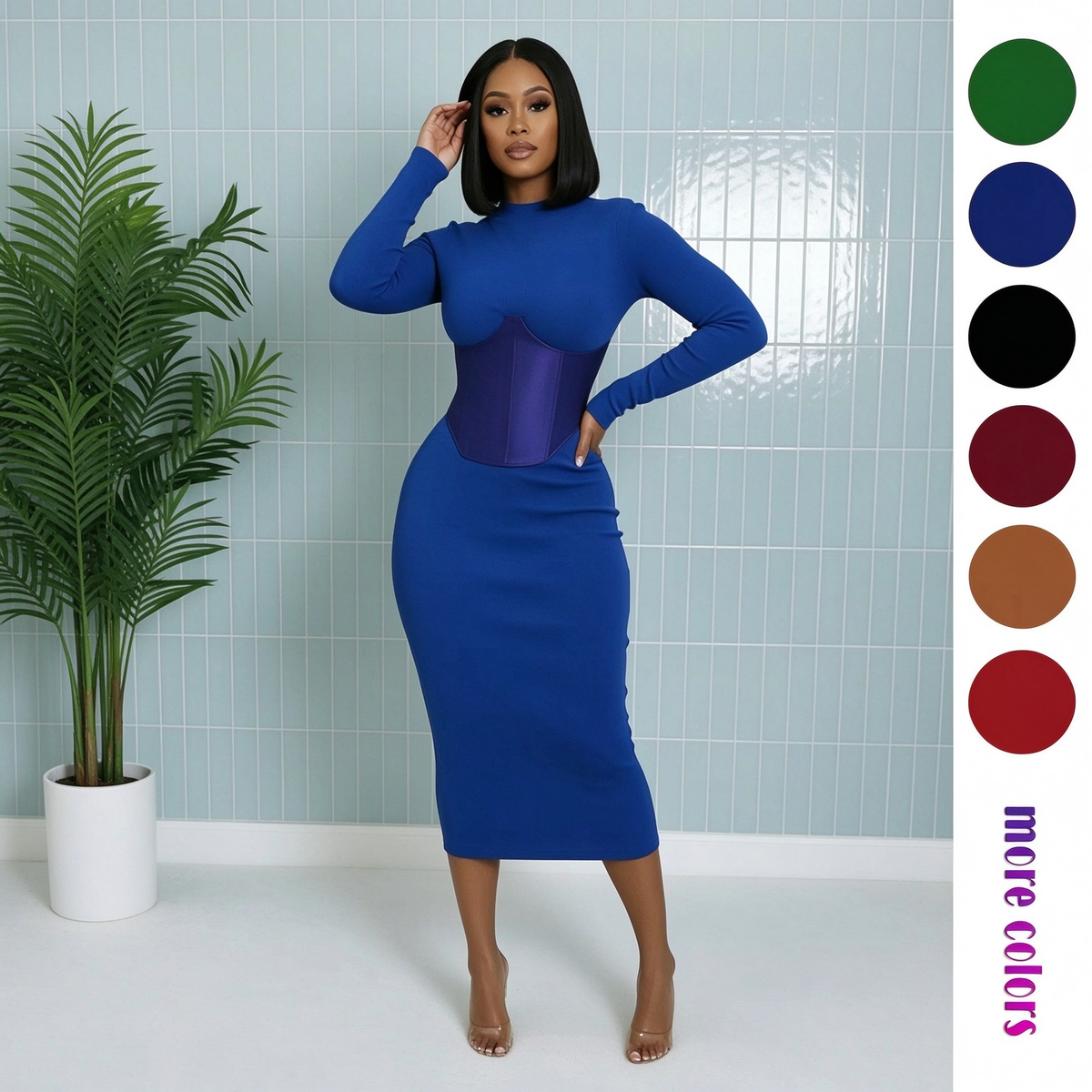 Women's Long-Sleeve High-Stretch Bodycon Midi Dress with PU Waist Belt Detail 👗
