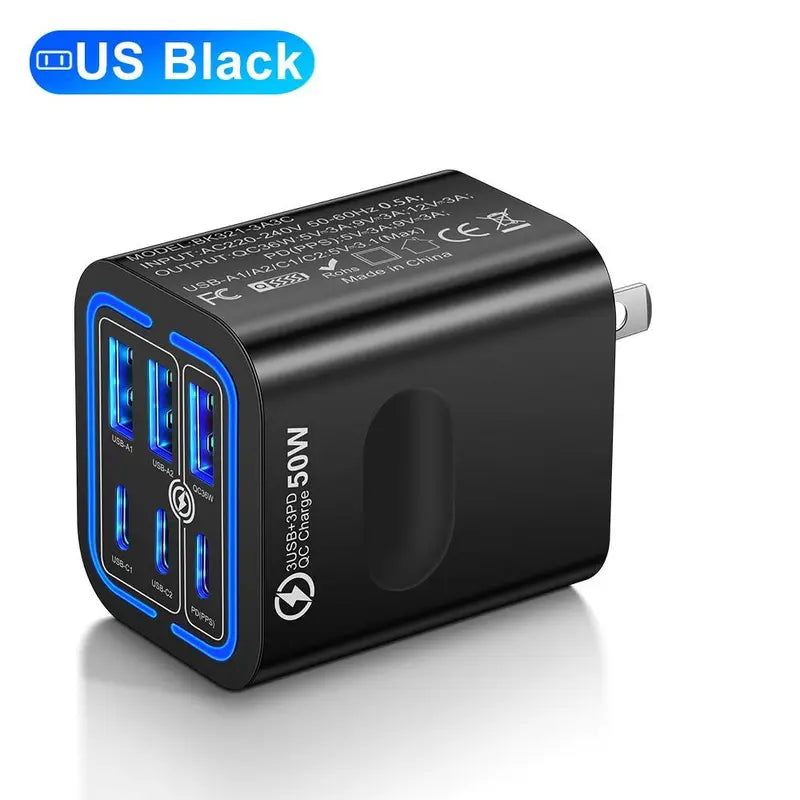 Portable Multi-Port Charging Station, 50W, with 6 USB-C and USB-A Ports