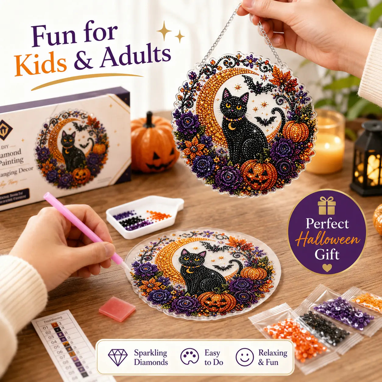 Halloween Diamond Painting Hanging Ornament Kit, Black Cat Moon🎃