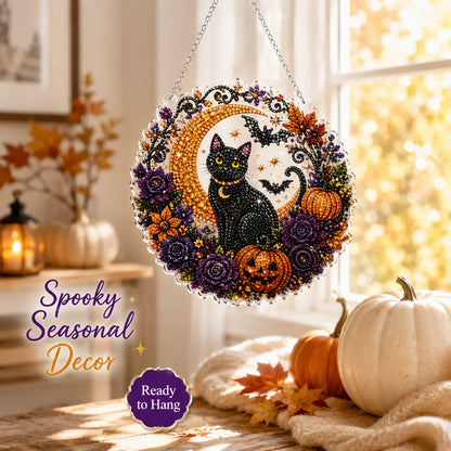 Halloween Diamond Painting Hanging Ornament Kit, Black Cat Moon🎃