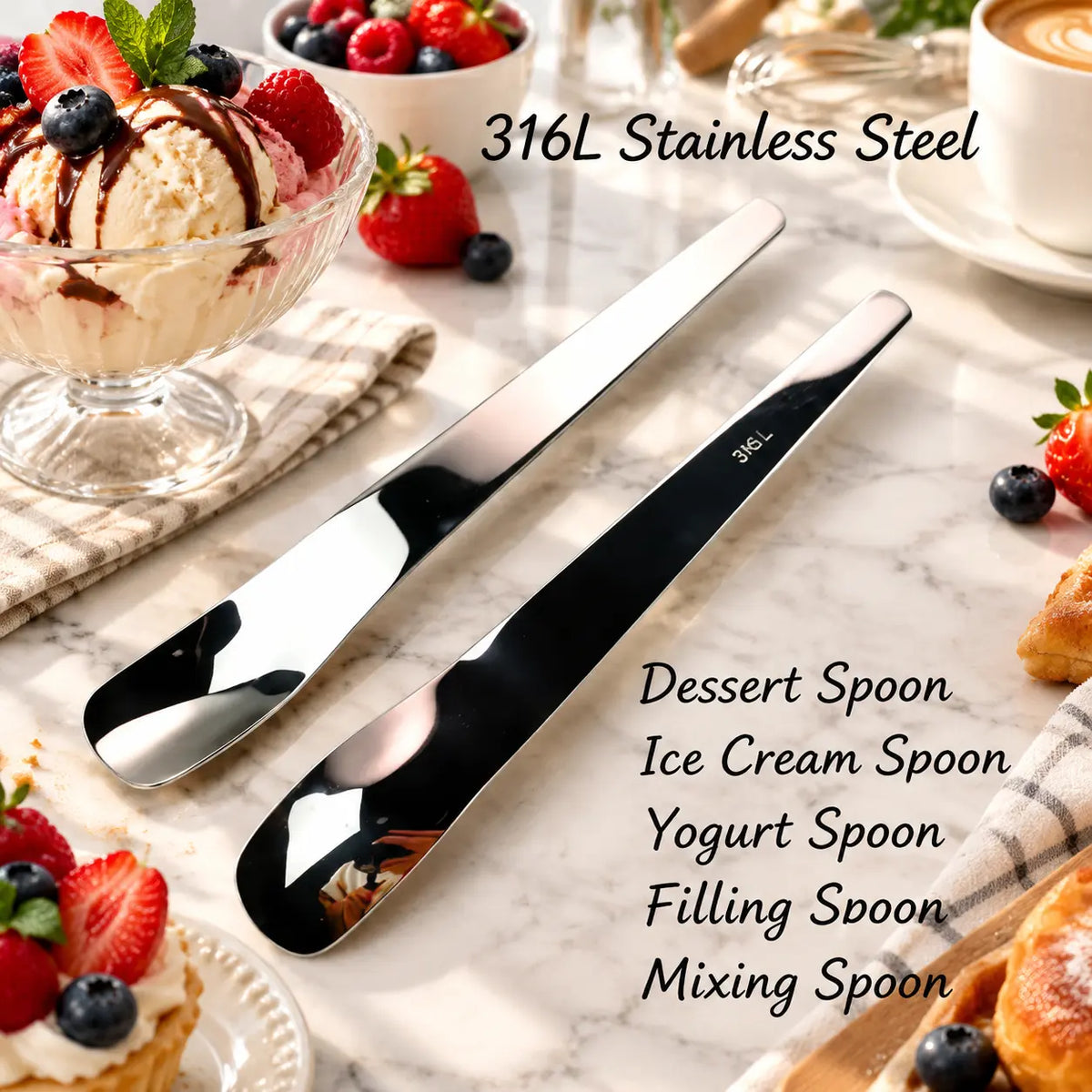 316L Stainless Steel Dessert Spade Spoon, Mirror Polished Thick Multi‑Purpose Spoon🥄