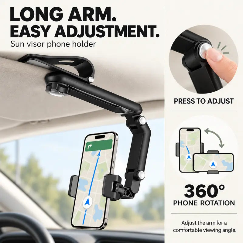 Foldable Car Phone Holder for Sun Visor, Adjustable Arm with 360 Phone Rotation 📱