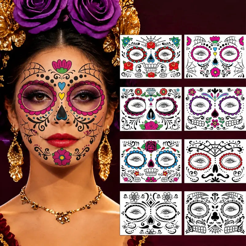 Mexican Dia De Los Muertos Temporary Face Tattoos - Sugar Skull Floral Face Decals 🎭
