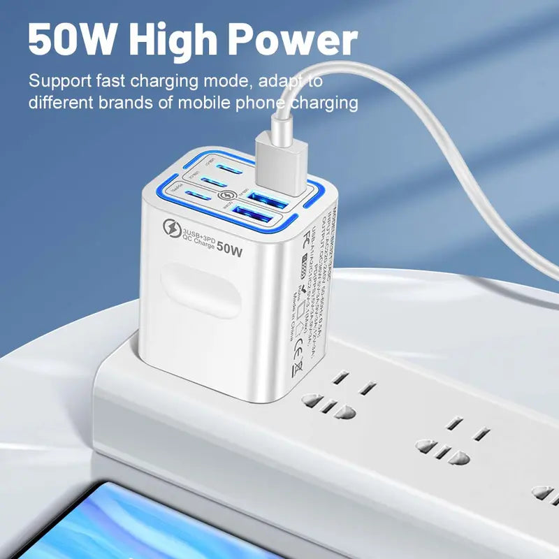 Portable Multi-Port Charging Station, 50W, with 6 USB-C and USB-A Ports