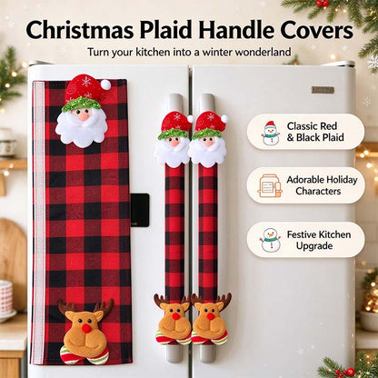 2/4/6PCS Plush Christmas Refrigerator Door Handle Covers - Red and Black Plaid Wraps🎄