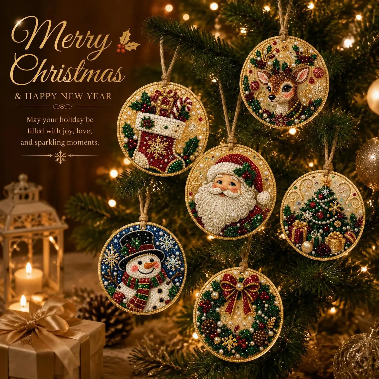 6Pcs/12Pcs Christmas DIY Diamond Painting Ornaments Kit, Xmas Tree Hanging Pendant🎄