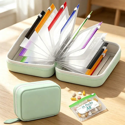 Waterproof Pill Pouch Set, 14pcs Bags Inside, A8 Waterproof Pill Organizer Set, 7 to 14 Days of Meds💊 🧳