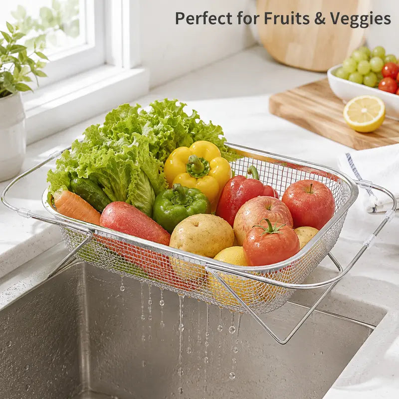 Stainless Steel Over-The-Sink Colander Strainer Basket, Expandable Rectangle Fine Mesh Kitchen Utensils🥣