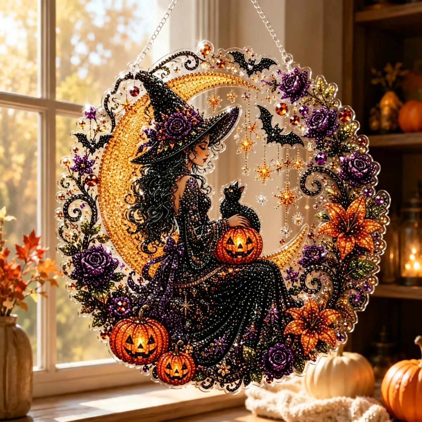 Halloween Diamond Painting Hanging Ornament Kit, Black Cat Moon🎃