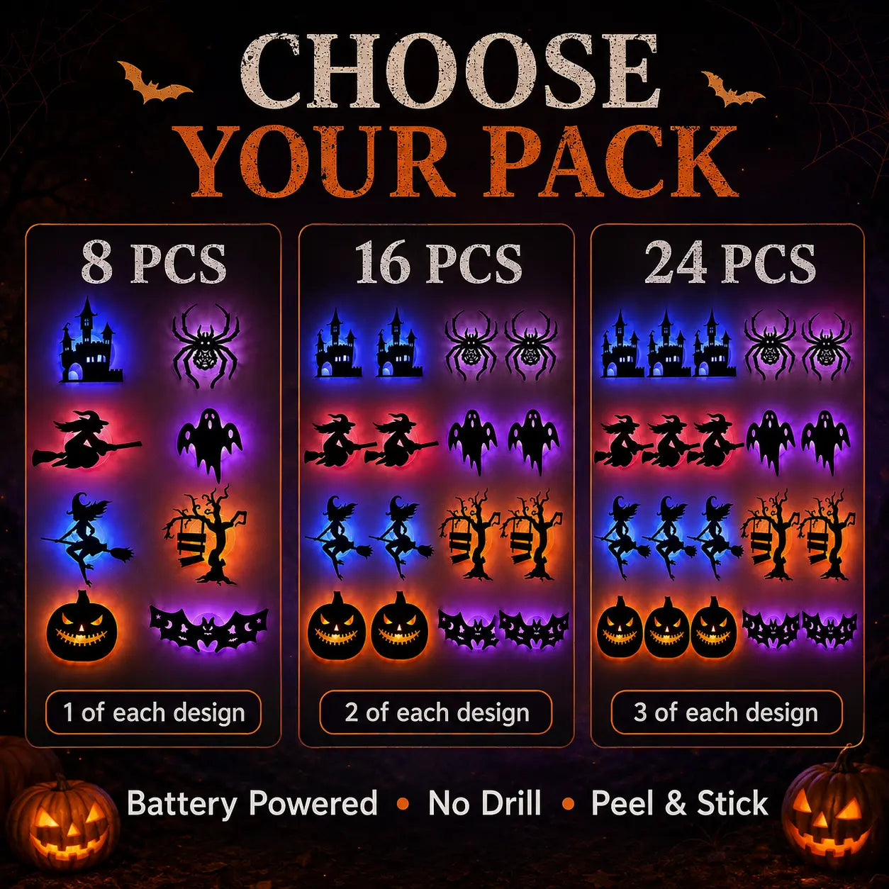 Halloween LED Silhouette Wall Light Stickers, Battery Powered Peel & Stick Decor Lights🎃