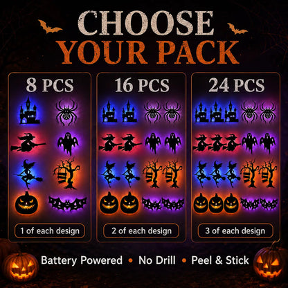 Halloween LED Silhouette Wall Light Stickers, Battery Powered Peel & Stick Decor Lights🎃