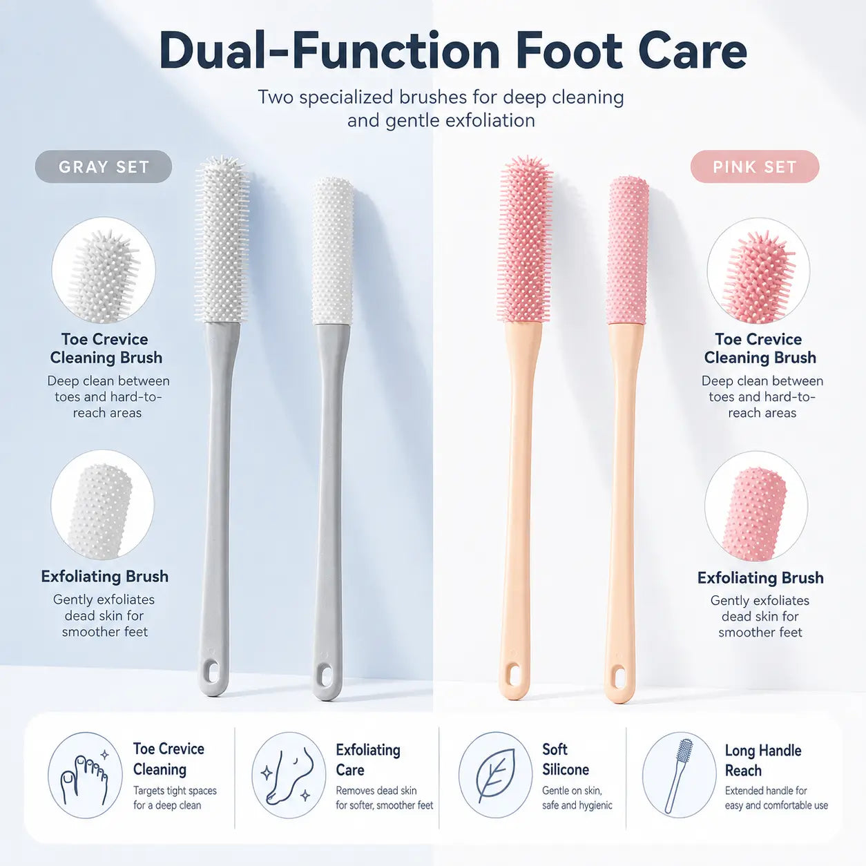 Long-Handle Silicone Soft Pedicure Tool, Shower Foot Cleaning Brush for Toe Gap Skin Cleansing🦶🚿