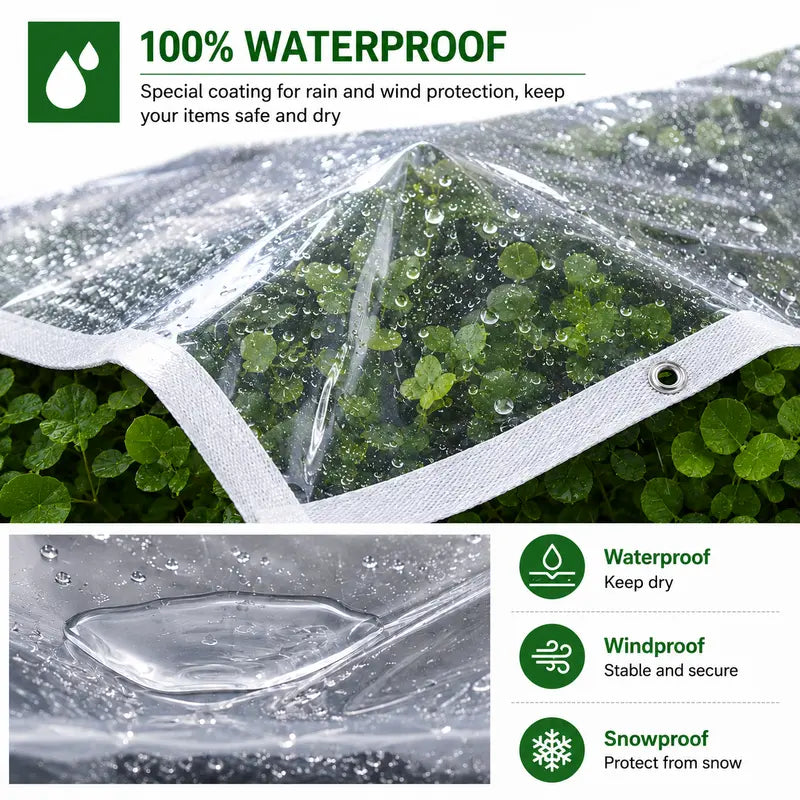 Waterproof transparent tarp protecting green plants from rain