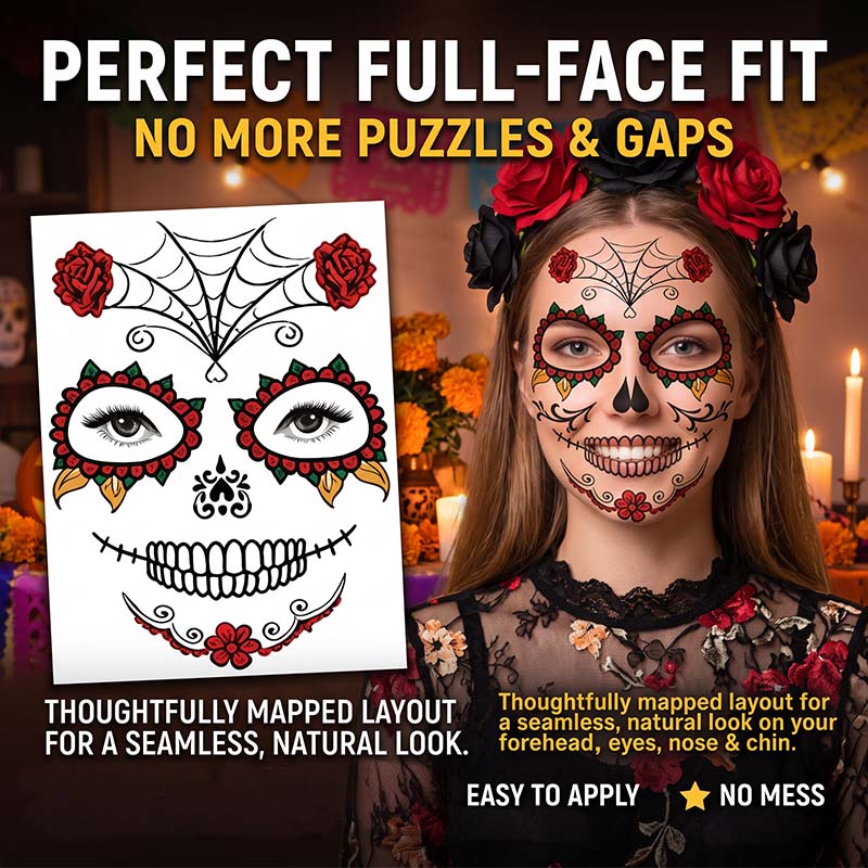 Mexican Dia De Los Muertos Temporary Face Tattoos - Sugar Skull Floral Face Decals 🎭