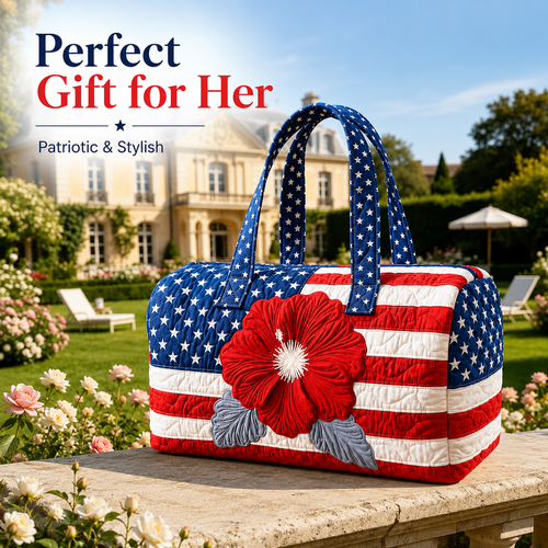 Patriotic Quilted Tote Bag I 3D Floral American Flag Travel Duffel