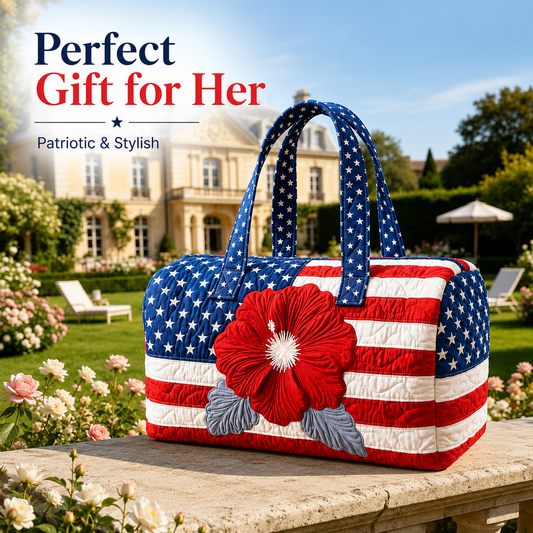 Patriotic Quilted Tote Bag I 3D Floral American Flag Travel Duffel