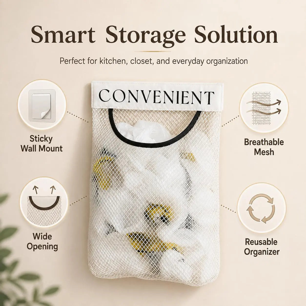 5PCS Grocery Garbage Bag Holder Trash Bag Dispenser Sticky Wall Mounted Mesh🛒