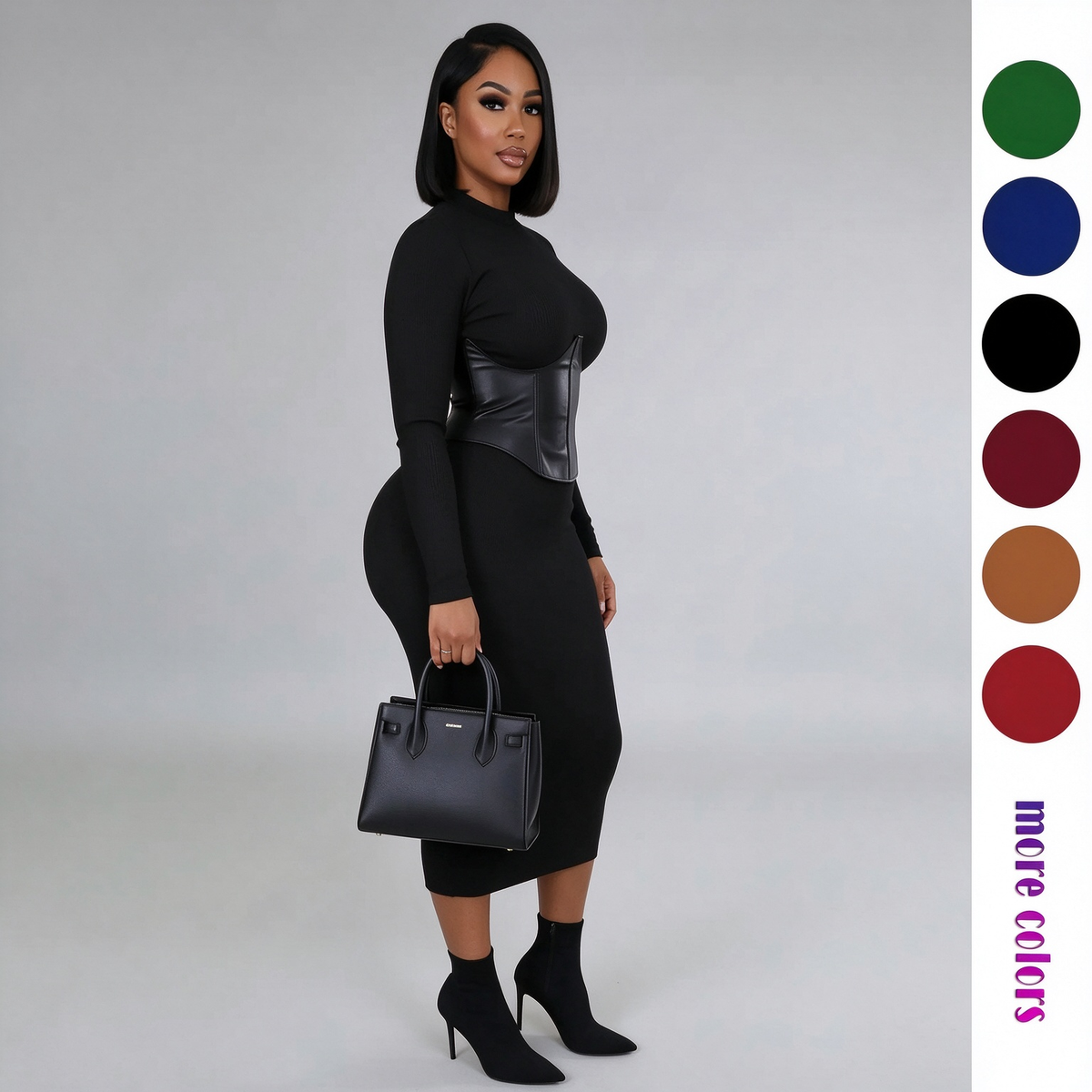 Women's Long-Sleeve High-Stretch Bodycon Midi Dress with PU Waist Belt Detail 👗