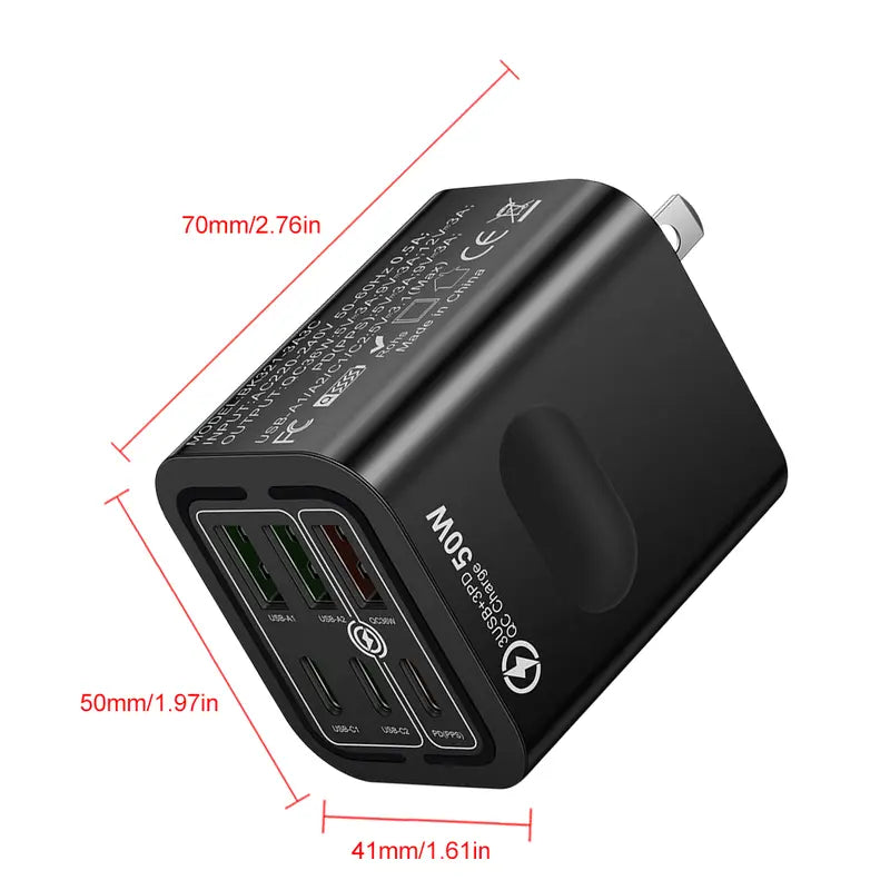 Portable Multi-Port Charging Station, 50W, with 6 USB-C and USB-A Ports