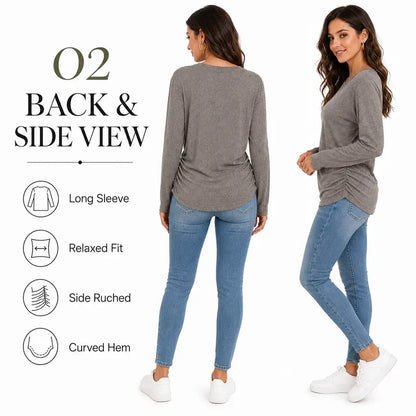 Womens Long Sleeve Shirts Ruched Hem Fall Tops Lightweight Sweaters ✨