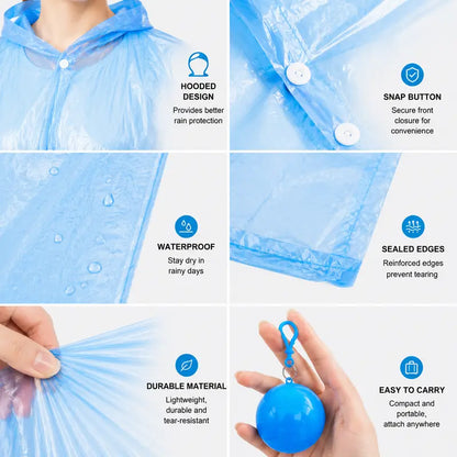 Hooded Disposable Rain Poncho-Random Color, Waterproof Tear-Resistant Portable Raincoat with Keychain Ball🌧️ ☔