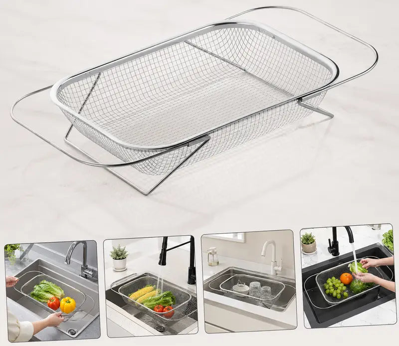 Stainless Steel Over-The-Sink Colander Strainer Basket, Expandable Rectangle Fine Mesh Kitchen Utensils🥣