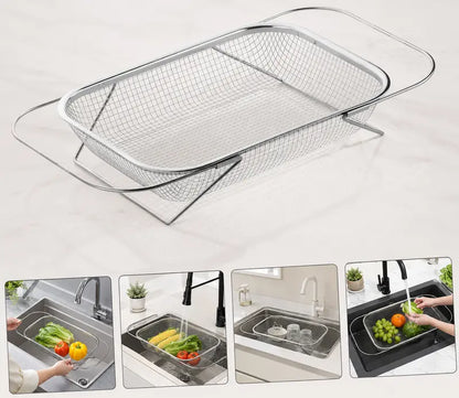 Stainless Steel Over-The-Sink Colander Strainer Basket, Expandable Rectangle Fine Mesh Kitchen Utensils🥣