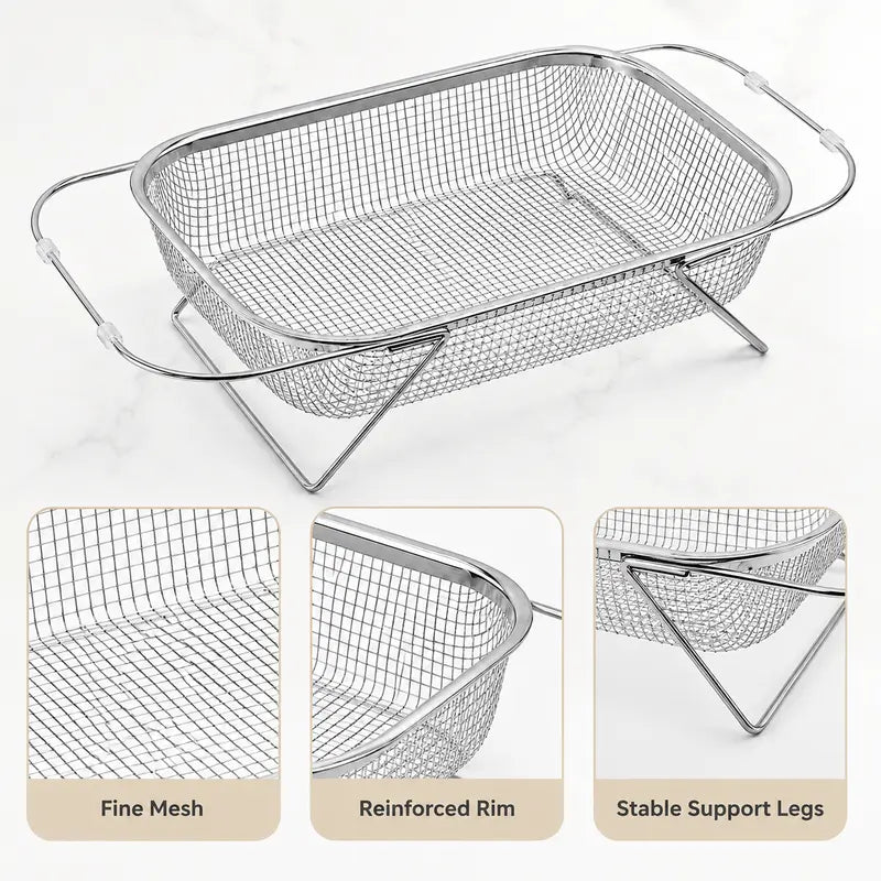 Stainless Steel Over-The-Sink Colander Strainer Basket, Expandable Rectangle Fine Mesh Kitchen Utensils🥣