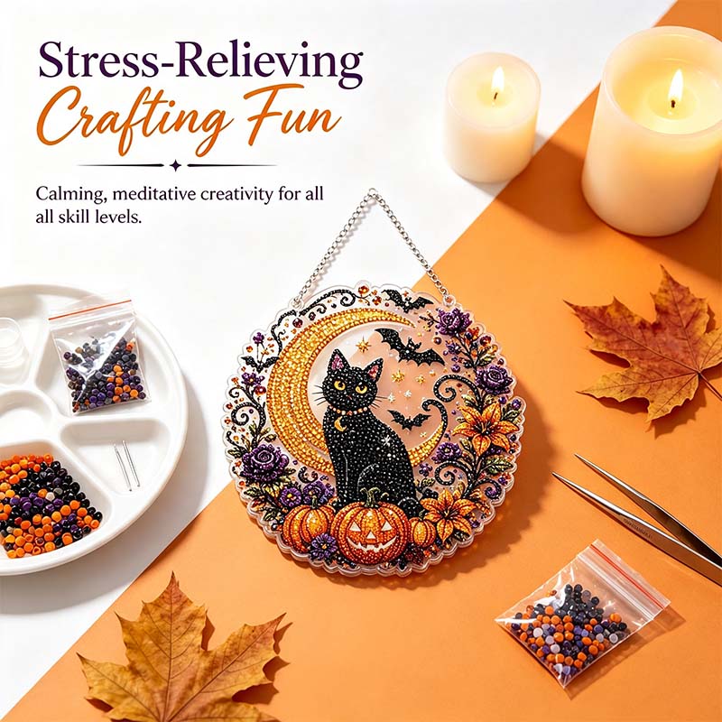 Halloween Diamond Painting Hanging Ornament Kit, Black Cat Moon🎃