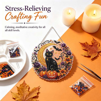 Halloween Diamond Painting Hanging Ornament Kit, Black Cat Moon🎃