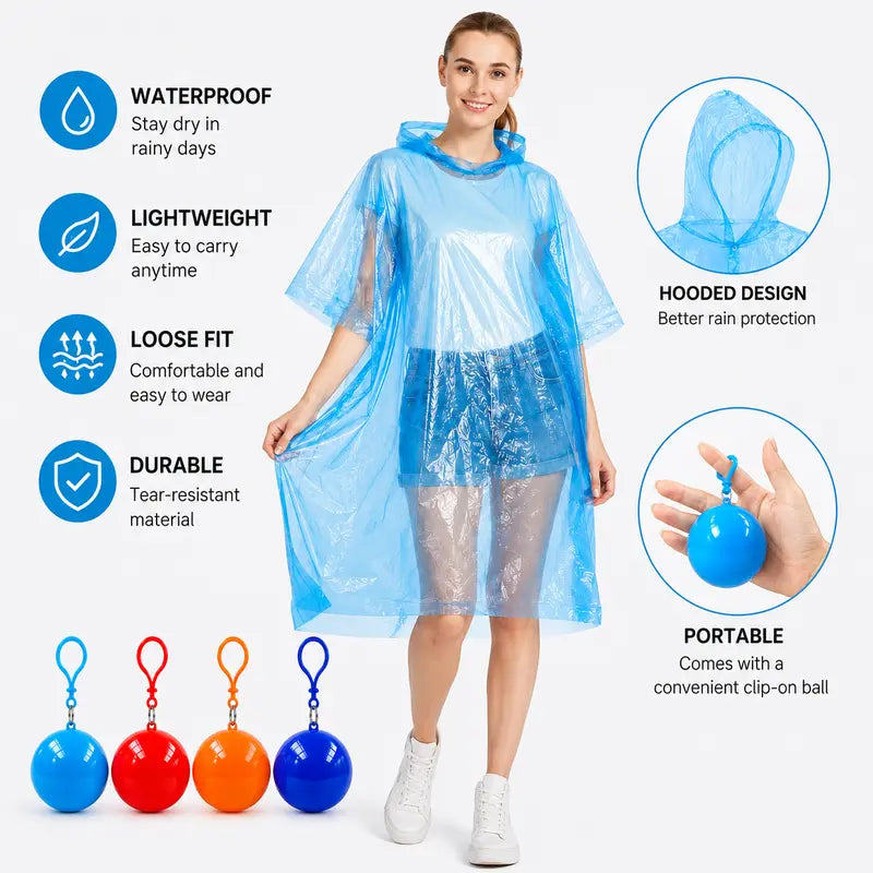 Hooded Disposable Rain Poncho-Random Color, Waterproof Tear-Resistant Portable Raincoat with Keychain Ball🌧️ ☔