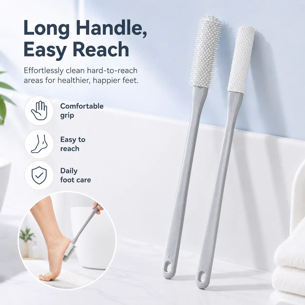 Long-Handle Silicone Soft Pedicure Tool, Shower Foot Cleaning Brush for Toe Gap Skin Cleansing🦶🚿