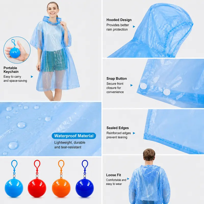 Hooded Disposable Rain Poncho-Random Color, Waterproof Tear-Resistant Portable Raincoat with Keychain Ball🌧️ ☔