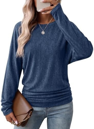 Womens Long Sleeve Shirts Ruched Hem Fall Tops Lightweight Sweaters ✨