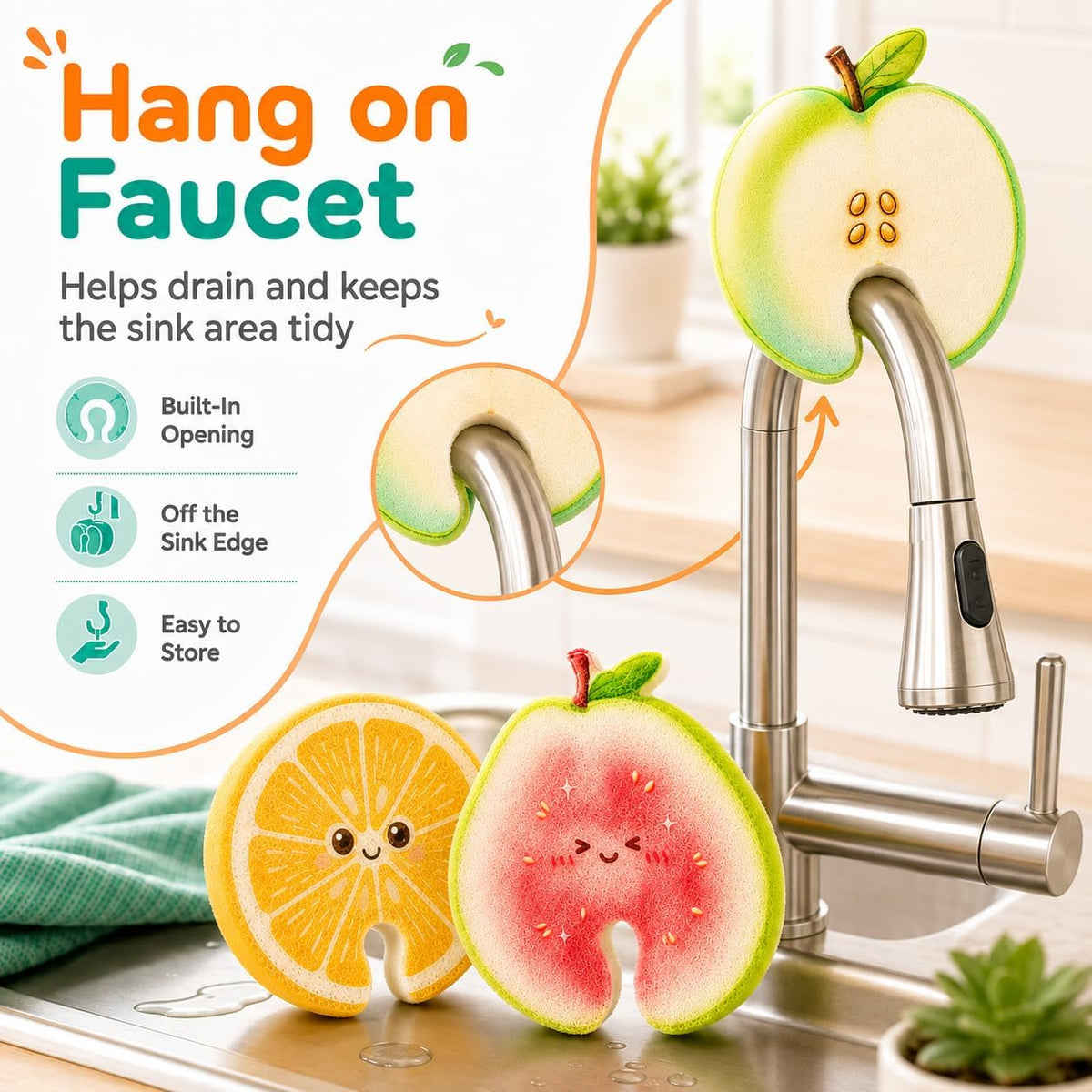 Fruit-shaped cellulose sponge hanging on faucet