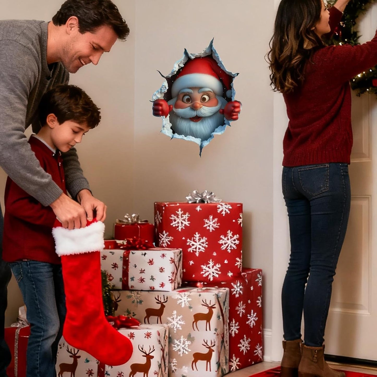 3PCS Festive Decor Santa Face Vinyl Stickers - Smooth 3D Illusion Figure Shape Peel-Off Pack 🎅