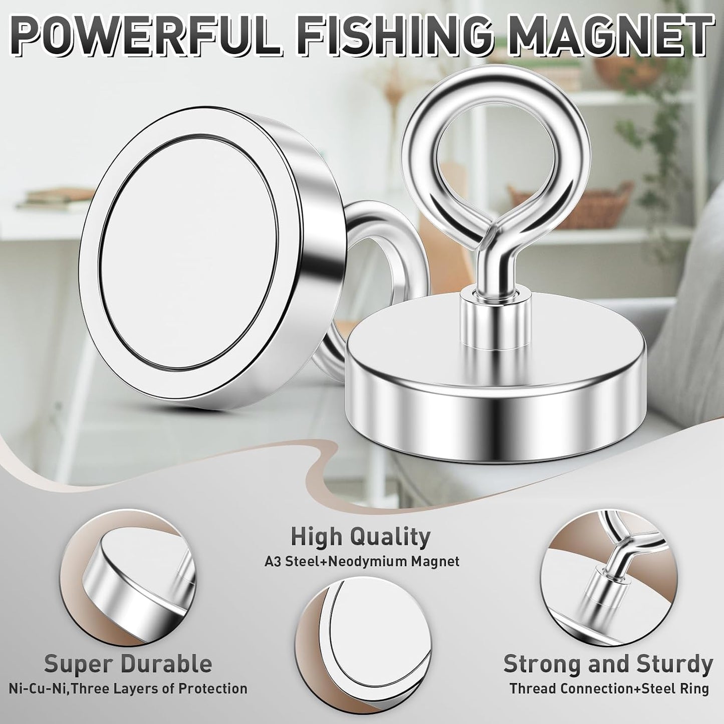 350 LBS Heavy Duty Fishing Magnet, Magnet with Countersunk Eyebolt🧲