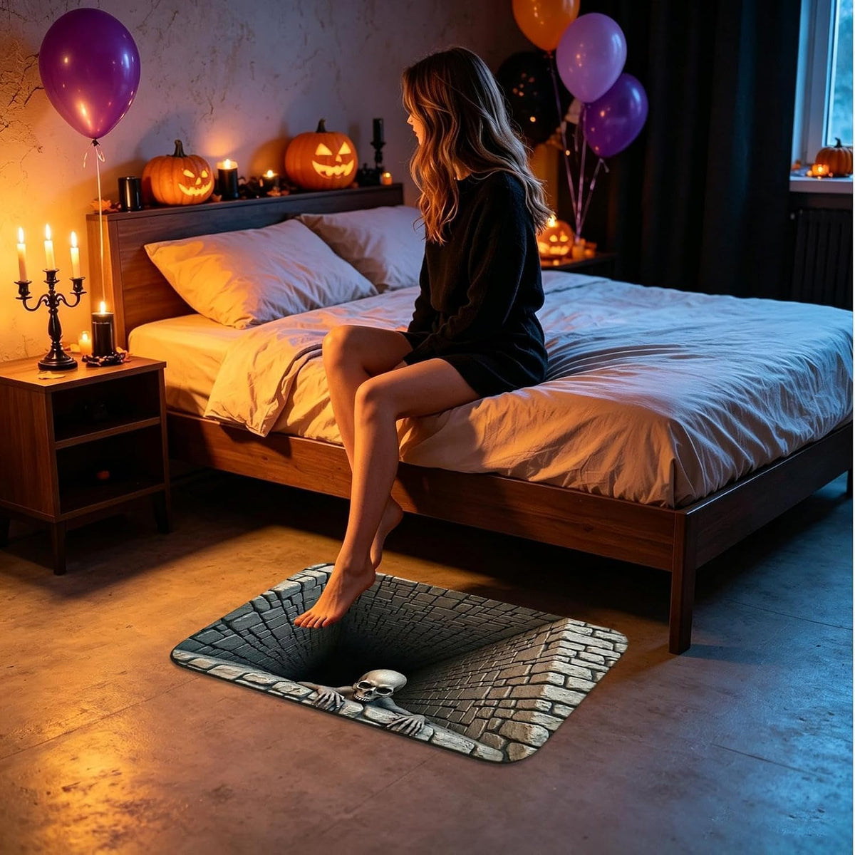 Halloween illusion rug beside bed in decorated bedroom