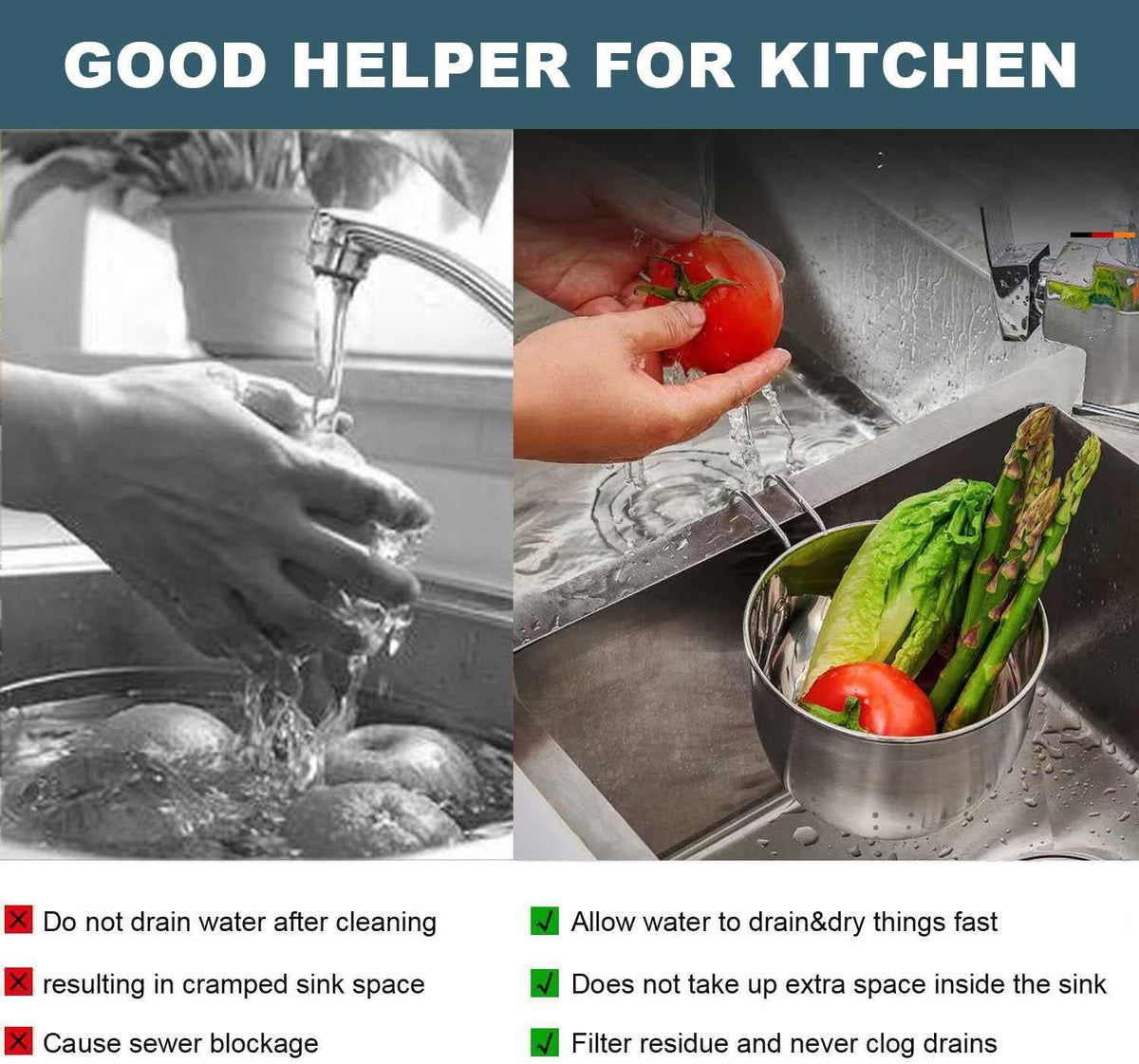 Stainless Steel Sink Hanging Drain Basket, with Handle Fast Draining🚰