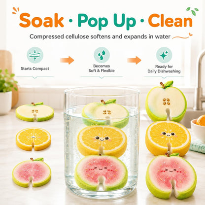 Compressed Cellulose Sponges - 3-Pack Fruit-Shaped Natural Pop-Up Kitchen Sponges🧽