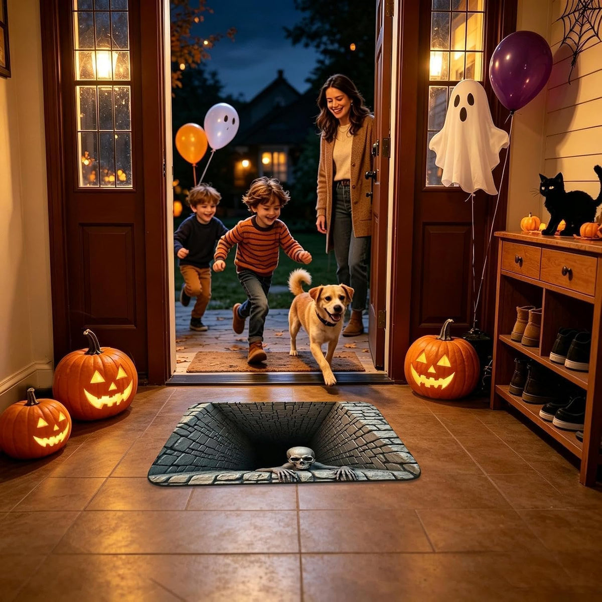 Halloween optical illusion mat near front doorway