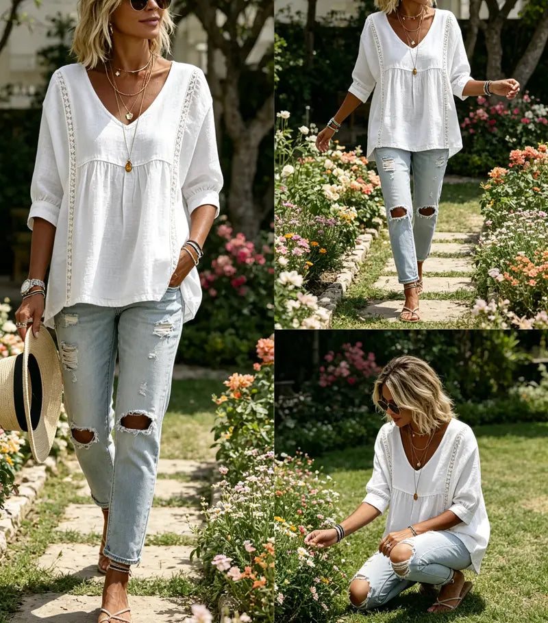 Women's Chic Loose-Fit V-Neck Lace Blouse, 3/4-Length Puff Sleeves