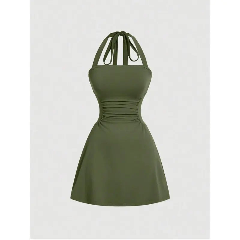 Women's Plain Ruched Tie Back Halter Neck Dress💃