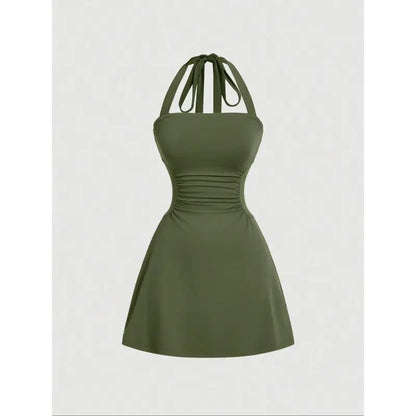 Women's Plain Ruched Tie Back Halter Neck Dress💃