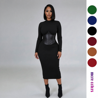 Women's Long-Sleeve High-Stretch Bodycon Midi Dress with PU Waist Belt Detail 👗