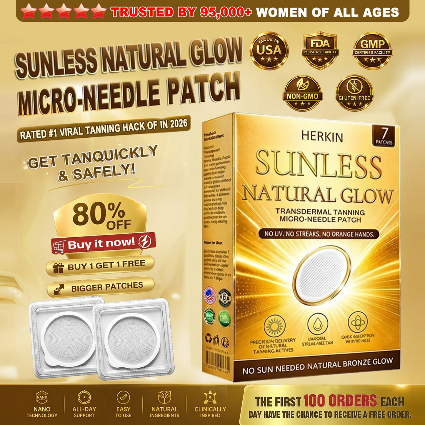☀️ Sunless Natural Glow Tanning Microneedle Patch, No DHA No UV Streak-Free Bronze Tan