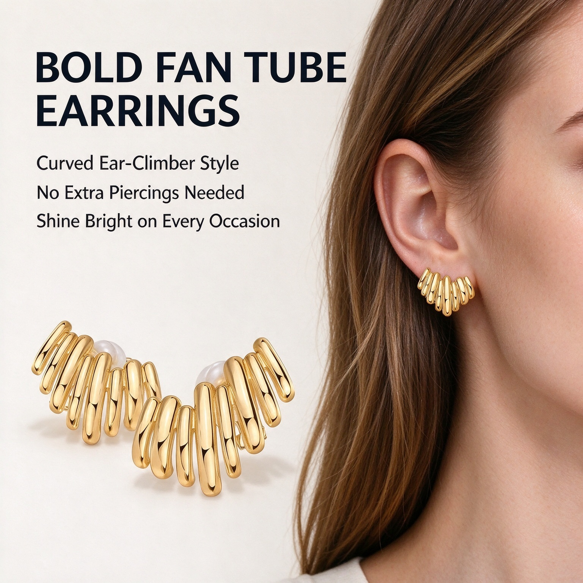 Gold fan tube ear climber earrings creating a bold curved ear look