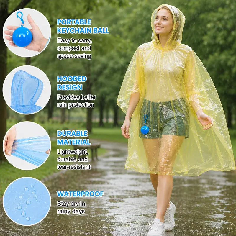 Hooded Disposable Rain Poncho-Random Color, Waterproof Tear-Resistant Portable Raincoat with Keychain Ball🌧️ ☔