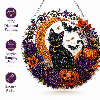 Halloween Diamond Painting Hanging Ornament Kit, Black Cat Moon🎃