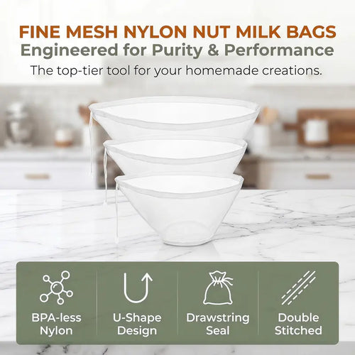 3Pcs Bowl-Shaped Nylon Nut Milk Bag, Reusable Strainer Bags 🥛